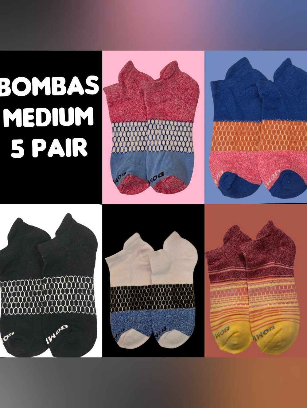 Bombas Medium Ankle Socks Assorted Colors Variety Pack  5 Pair BNWT Unisex